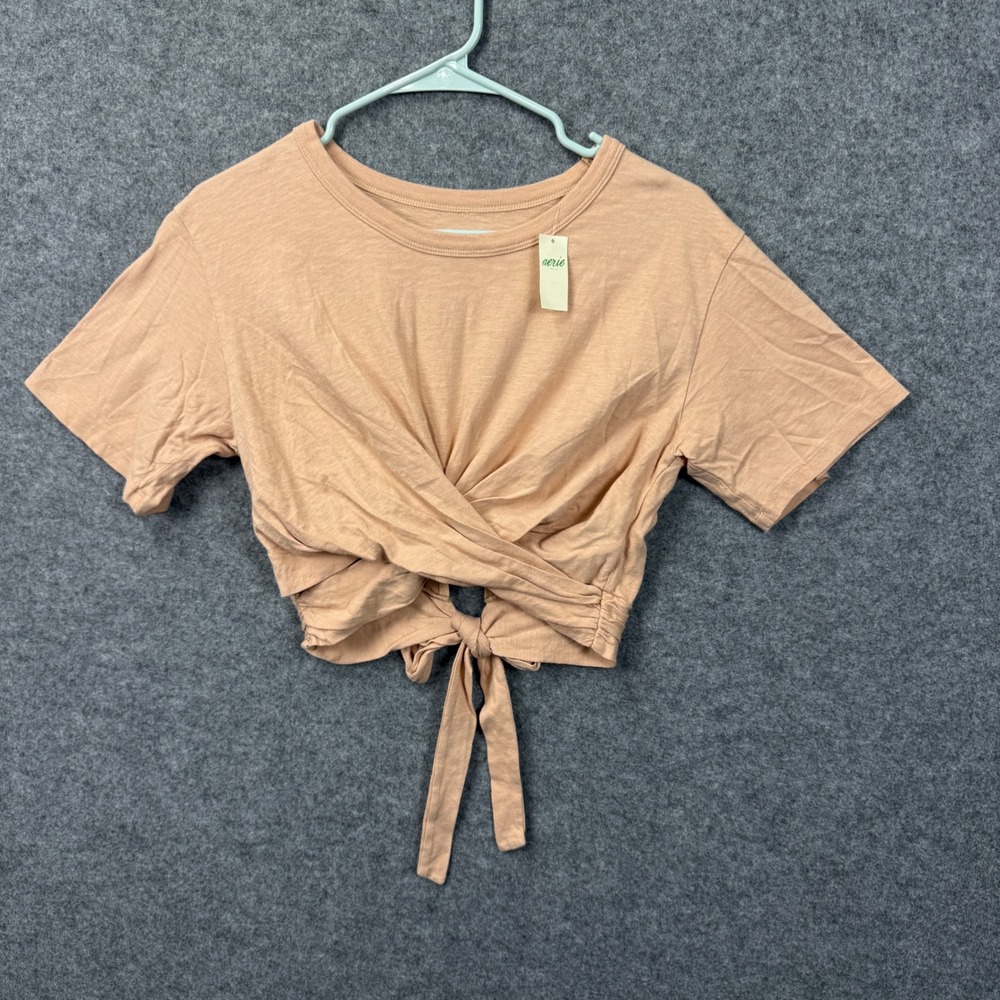 Aerie Womens Peach Cotton Slub Wrap Tie Front Crop Top Tee XS‎ 078-5496-2784